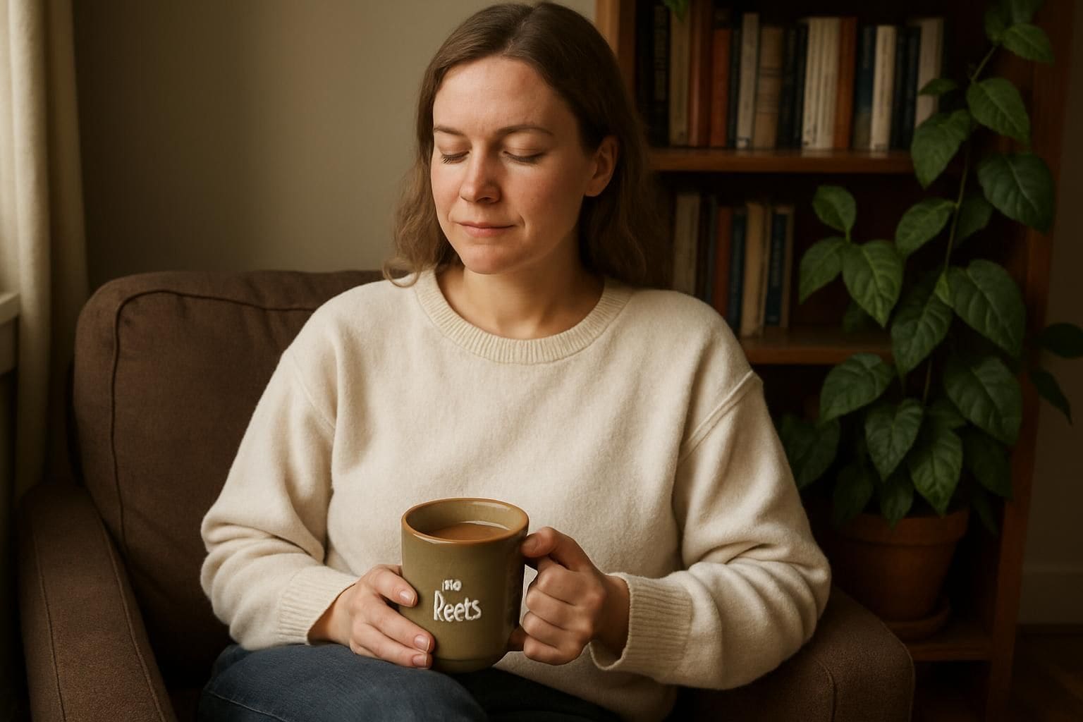 A woman in a cozy living room enjoys a peaceful moment while sipping coffee and surrounded by books and plants. A woman in a cozy living room enjoys a peaceful moment while sipping coffee and surrounded by books and plants.