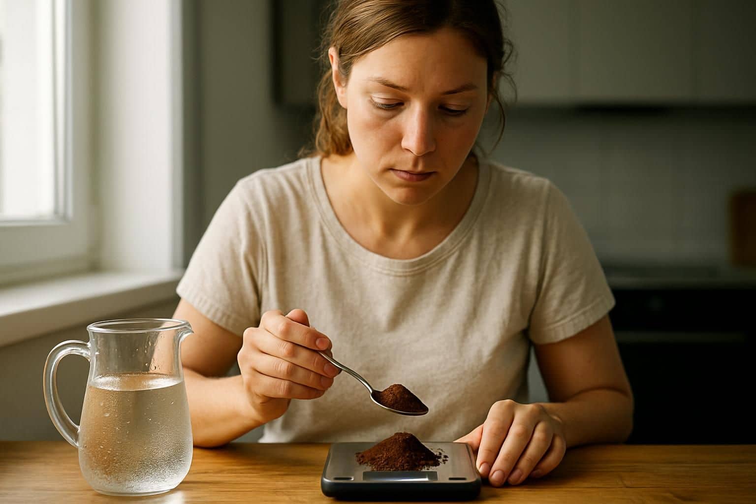 A woman in a casual shirt carefully measures ground coffee on a kitchen scale in a modern kitchen. A woman in a casual shirt carefully measures ground coffee on a kitchen scale in a modern kitchen.