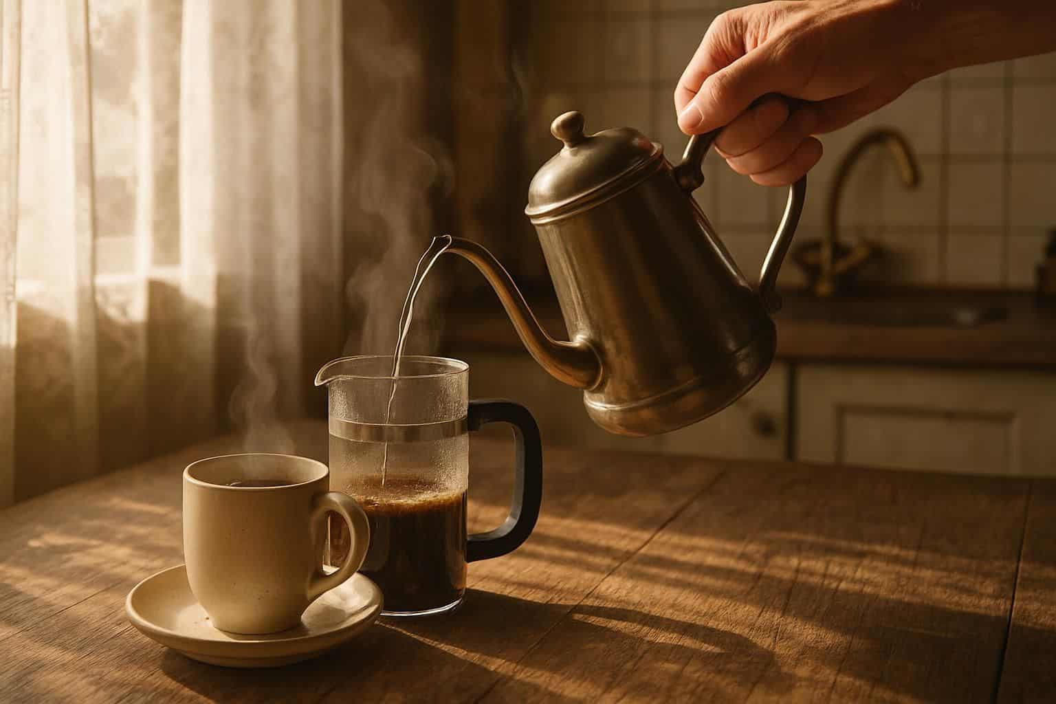 A weathered wooden table features a ceramic coffee mug and a vintage coffee pot pouring water into a French press. A weathered wooden table features a ceramic coffee mug and a vintage coffee pot pouring water into a French press.