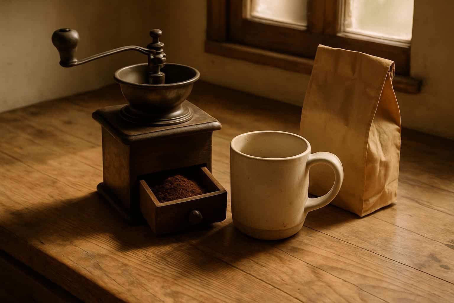 A rustic kitchen countertop showcases a vintage coffee grinder, a ceramic mug, and an artisanal coffee bag. A rustic kitchen countertop showcases a vintage coffee grinder, a ceramic mug, and an artisanal coffee bag.