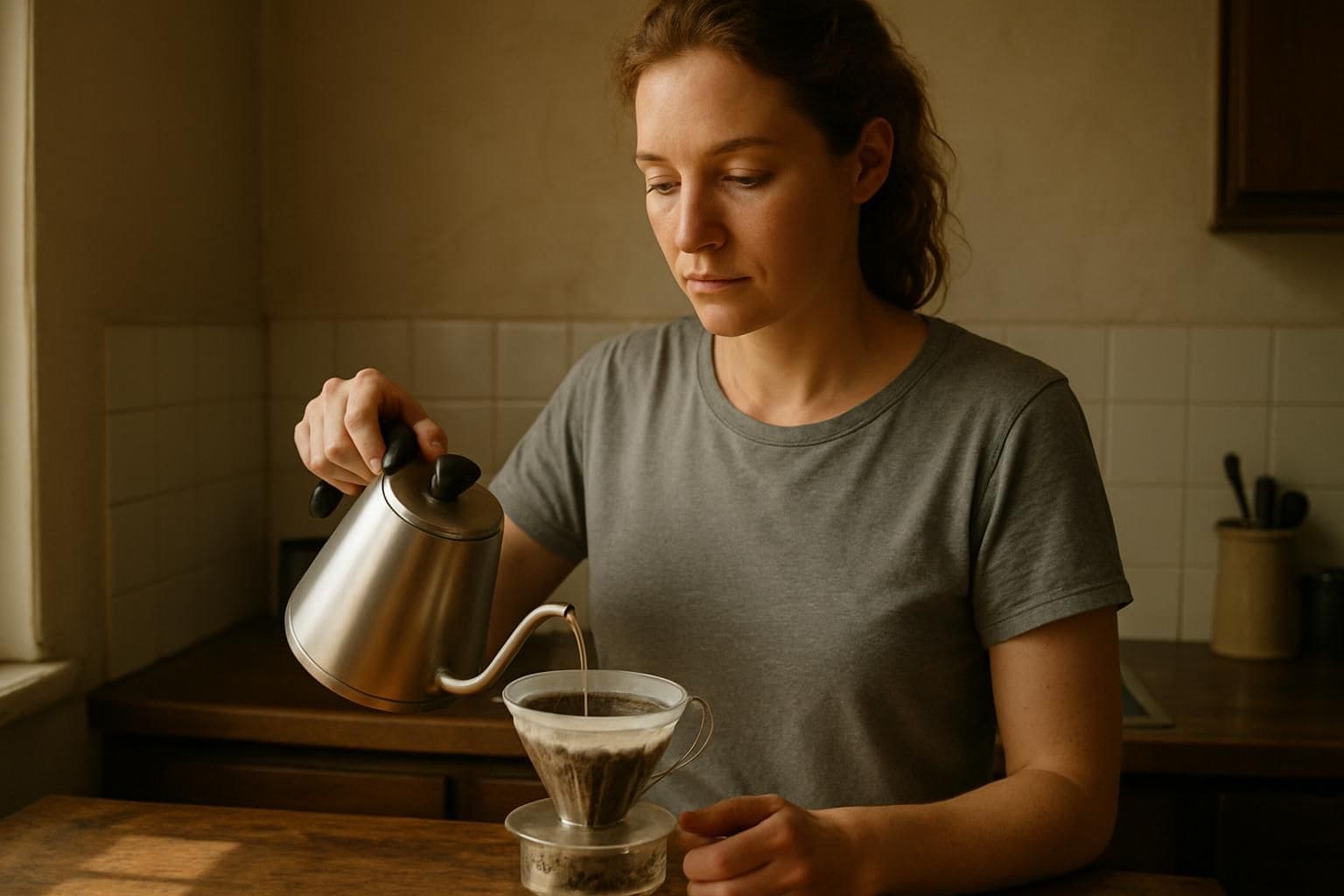 A young woman concentrates on pouring hot water over coffee grounds in a cozy, modest kitchen. A young woman concentrates on pouring hot water over coffee grounds in a cozy, modest kitchen.