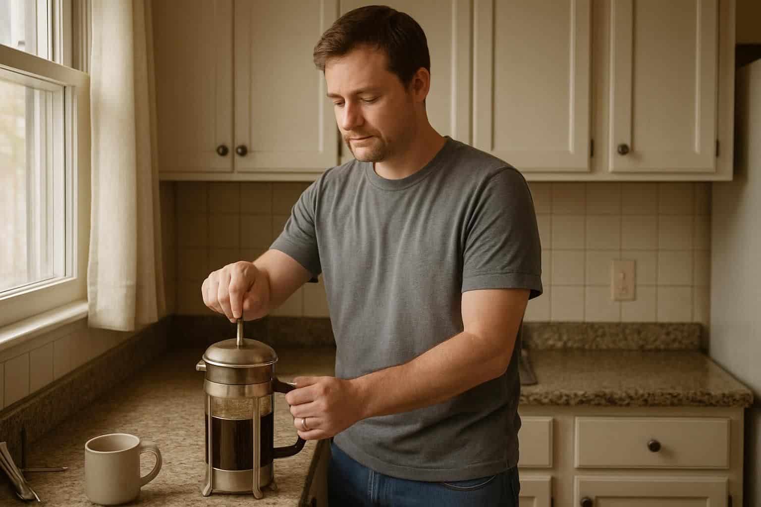 A man in casual attire prepares coffee with a vintage French press in a cozy kitchen. A man in casual attire prepares coffee with a vintage French press in a cozy kitchen.