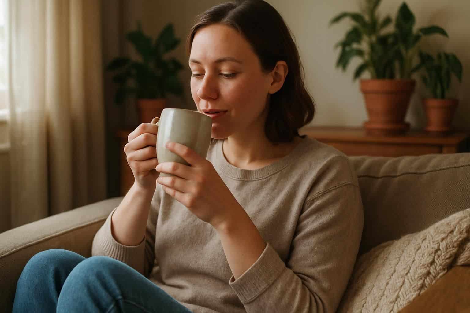 A woman in a cozy sweater enjoys a warm drink on a comfortable sofa, radiating serenity and contentment. A woman in a cozy sweater enjoys a warm drink on a comfortable sofa, radiating serenity and contentment.