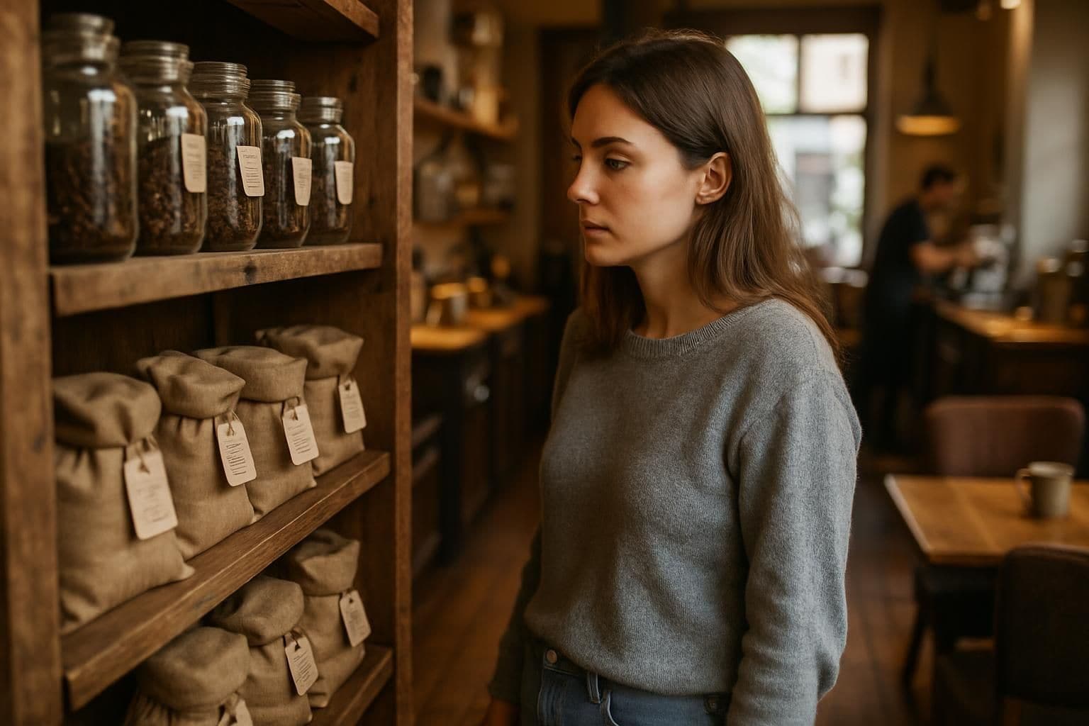 A woman in a cozy coffee shop thoughtfully observes jars of coffee beans on a rustic wooden shelf. A woman in a cozy coffee shop thoughtfully observes jars of coffee beans on a rustic wooden shelf.