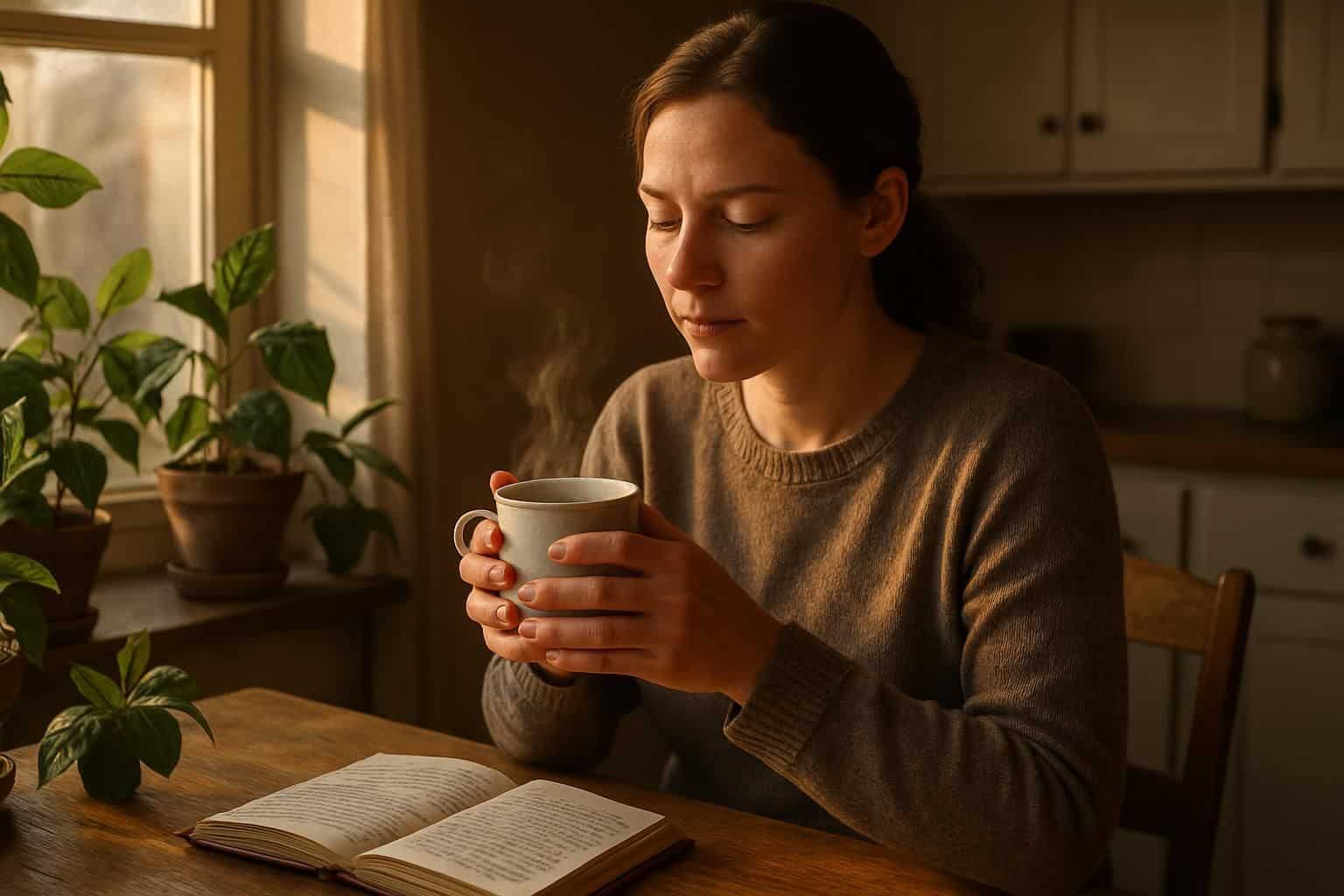 A woman relaxes with a mug in a cozy kitchen nook surrounded by plants and an open journal. A woman relaxes with a mug in a cozy kitchen nook surrounded by plants and an open journal.