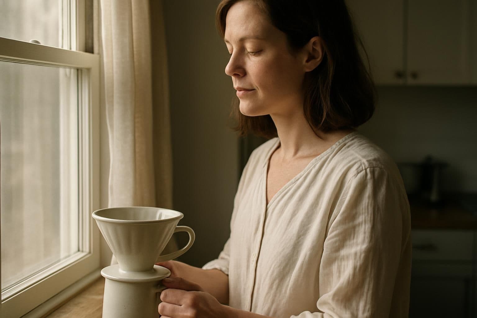 A woman in a cream blouse peacefully prepares coffee at a rustic wooden countertop in her kitchen. A woman in a cream blouse peacefully prepares coffee at a rustic wooden countertop in her kitchen.