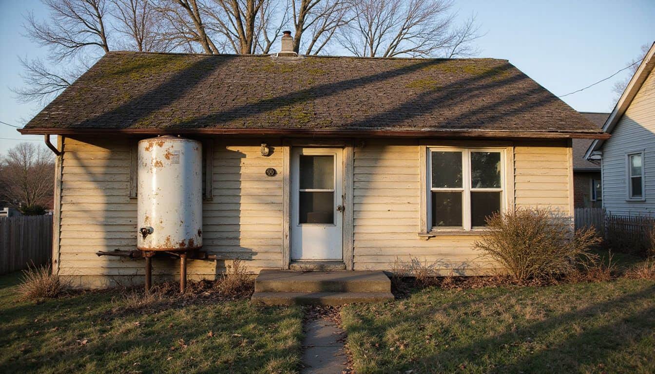 A neglected suburban house shows signs of decay with overgrown grass and peeling paint, contrasting with well-kept neighboring homes. A neglected suburban house shows signs of decay with overgrown grass and peeling paint, contrasting with well-kept neighboring homes.