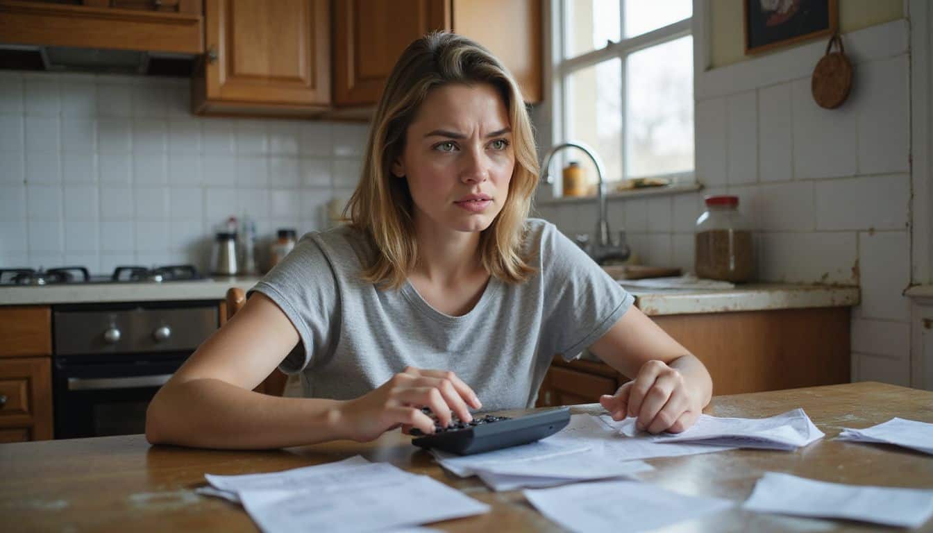 A stressed woman examines bills at a cluttered kitchen table, gripping a worn calculator amidst everyday items. A stressed woman examines bills at a cluttered kitchen table, gripping a worn calculator amidst everyday items.