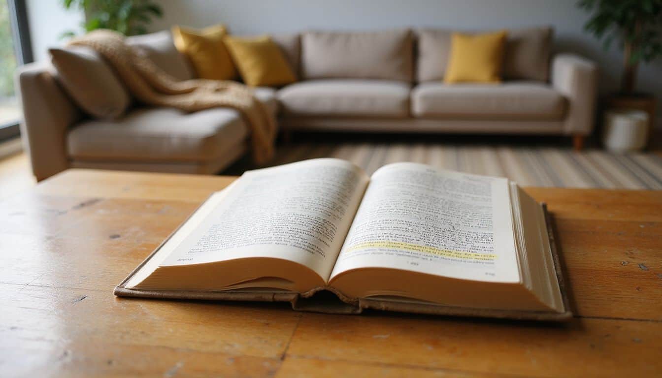 An open book with highlighted financial advice rests on a polished oak table, surrounded by a cozy living room ambiance. An open book with highlighted financial advice rests on a polished oak table, surrounded by a cozy living room ambiance.
