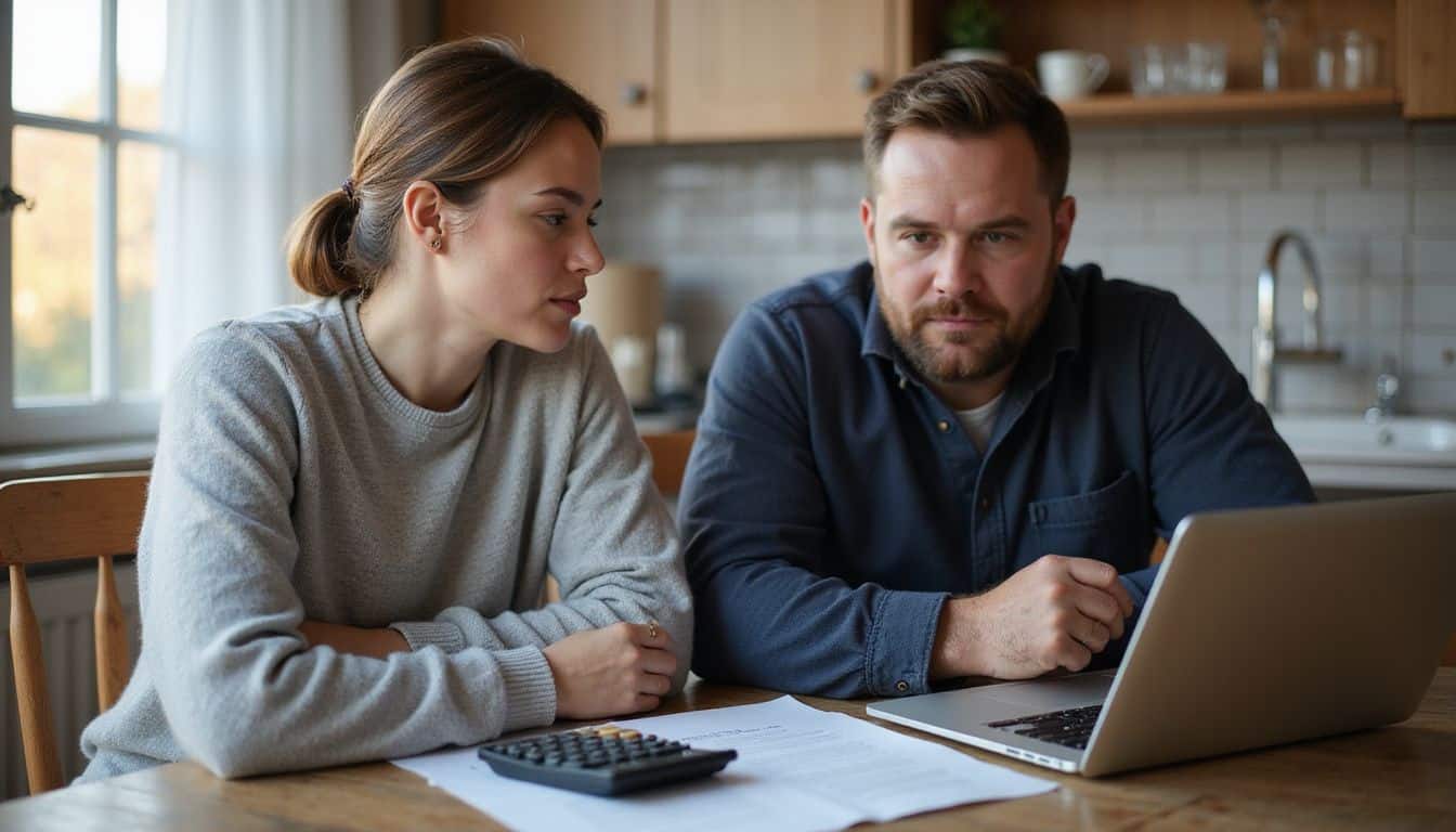 A couple evaluates financial decisions at a kitchen table, surrounded by documents, a calculator, and a laptop. A couple evaluates financial decisions at a kitchen table, surrounded by documents, a calculator, and a laptop.