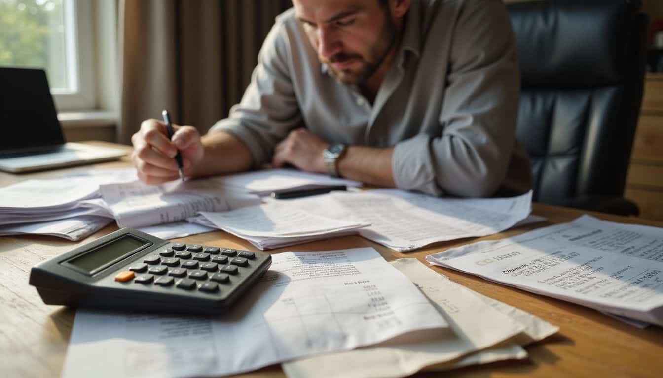 A cluttered home office desk features scattered bills and a calculator, reflecting a sense of financial stress. A cluttered home office desk features scattered bills and a calculator, reflecting a sense of financial stress.