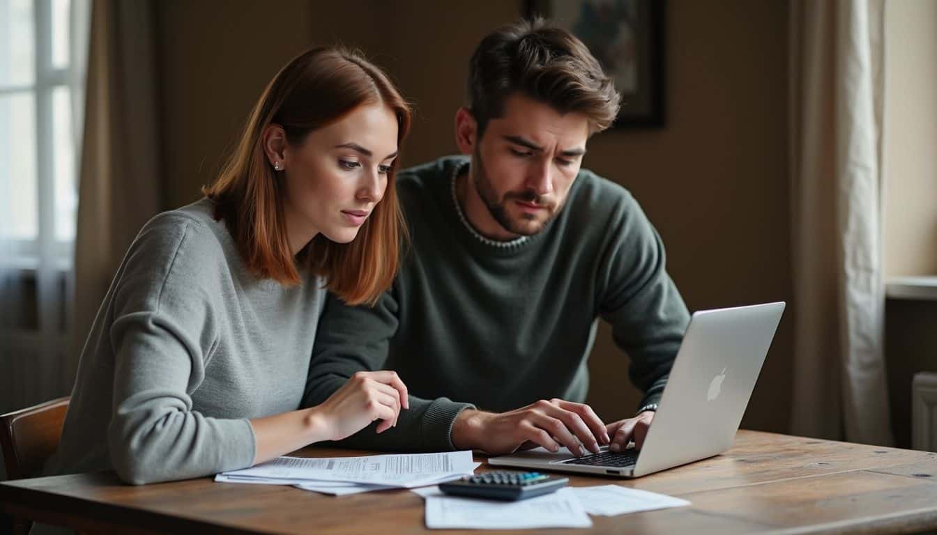 A young couple discusses finances at a cluttered wooden table, showing concern and determination in their expressions. A young couple discusses finances at a cluttered wooden table, showing concern and determination in their expressions.