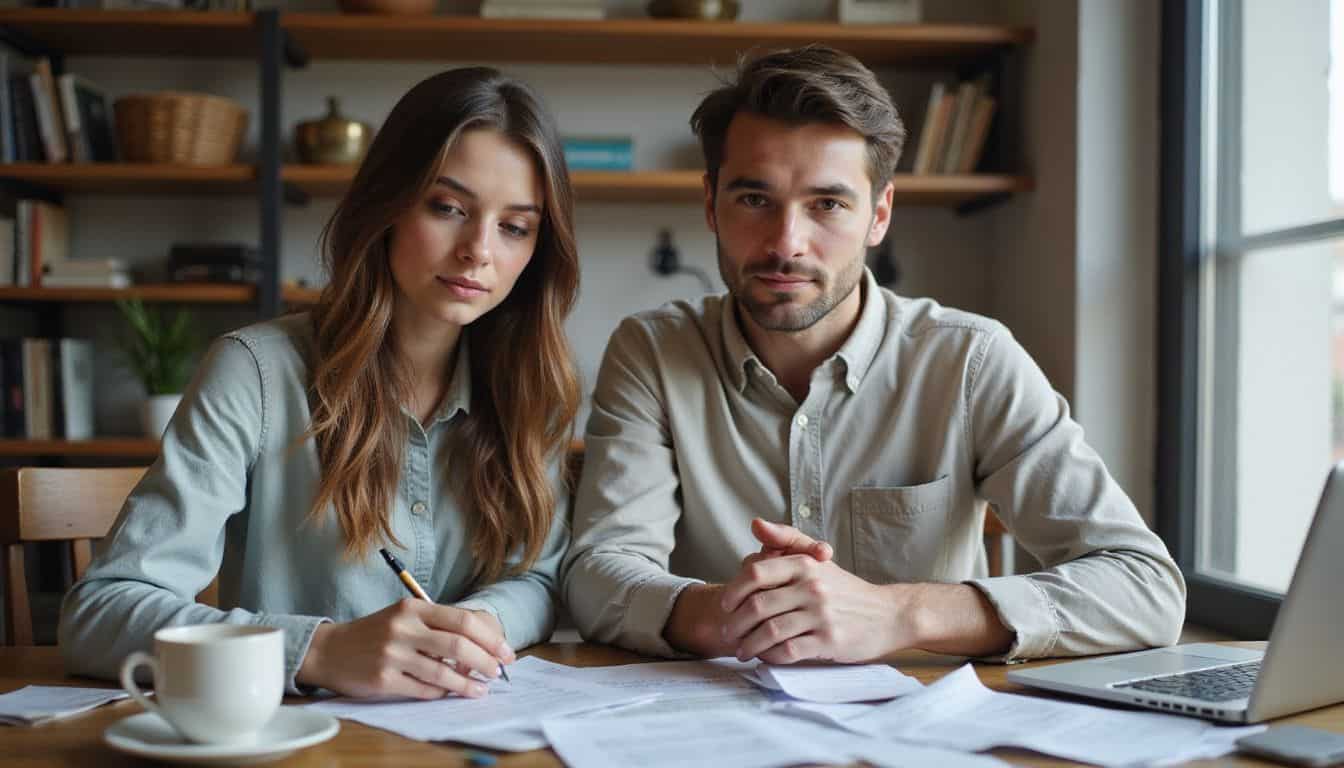 A couple sits at a cluttered desk, focused on financial paperwork and sharing a moment of determination. A couple sits at a cluttered desk, focused on financial paperwork and sharing a moment of determination.