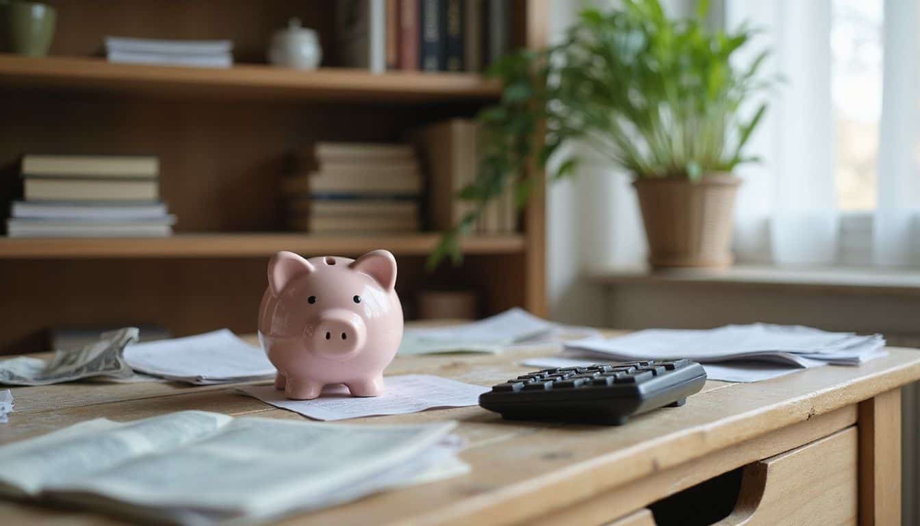 A cozy home office features a ceramic piggy bank, cluttered bills, and a black calculator on a wooden desk. A cozy home office features a ceramic piggy bank, cluttered bills, and a black calculator on a wooden desk.