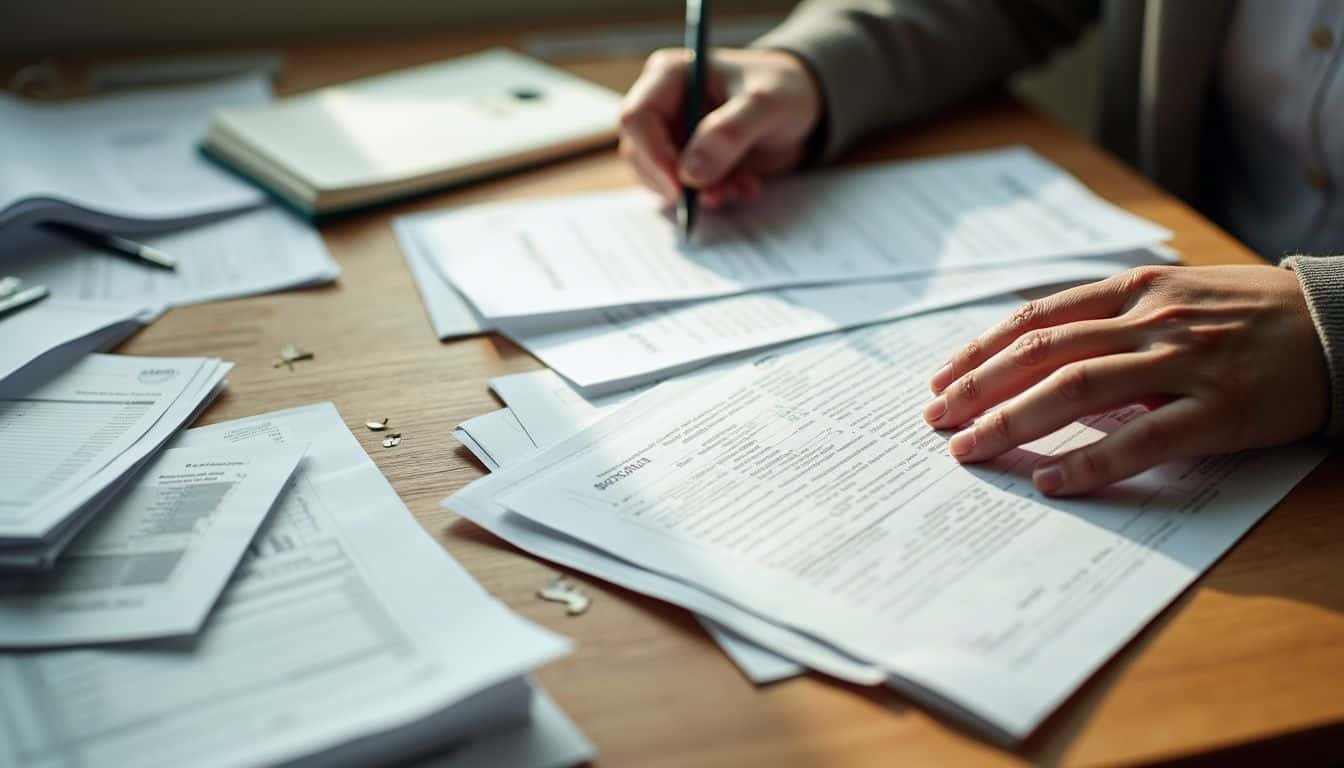 A cluttered wooden desk covered with financial documents and a focused individual preparing to write with a pen. A cluttered wooden desk covered with financial documents and a focused individual preparing to write with a pen.