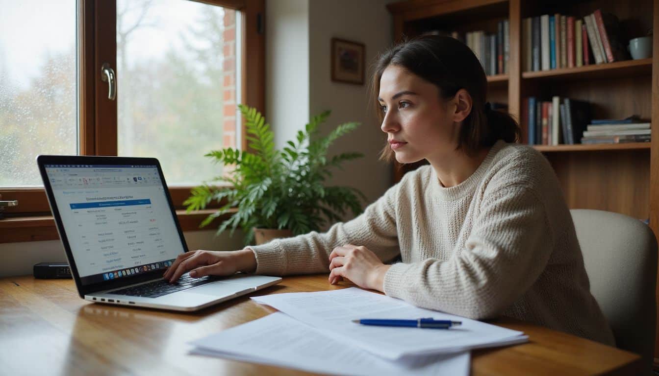 A woman in a cozy sweater focuses on student loan rates while seated at a wooden desk surrounded by paperwork and books. A woman in a cozy sweater focuses on student loan rates while seated at a wooden desk surrounded by paperwork and books.