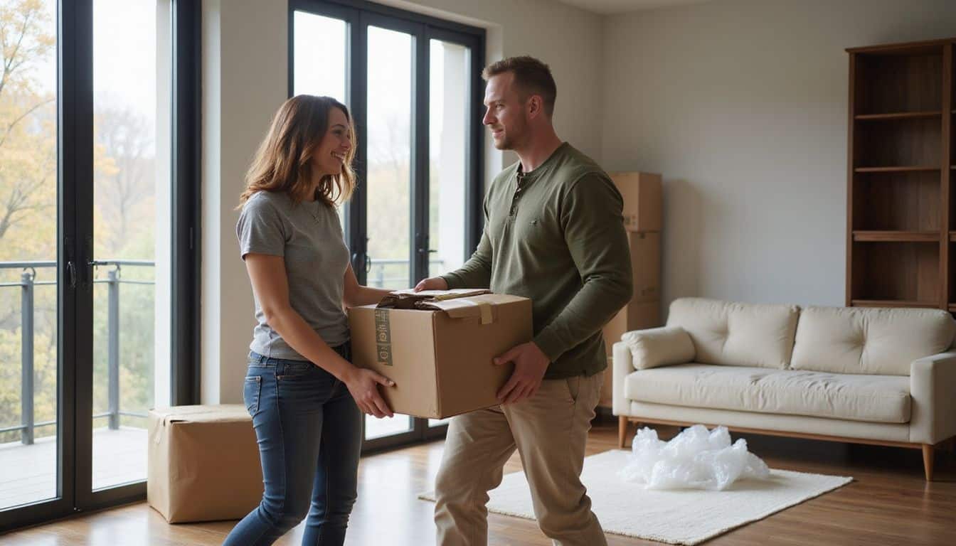A couple in their thirties happily unpacks boxes in their new, spacious living room. A couple in their thirties happily unpacks boxes in their new, spacious living room.