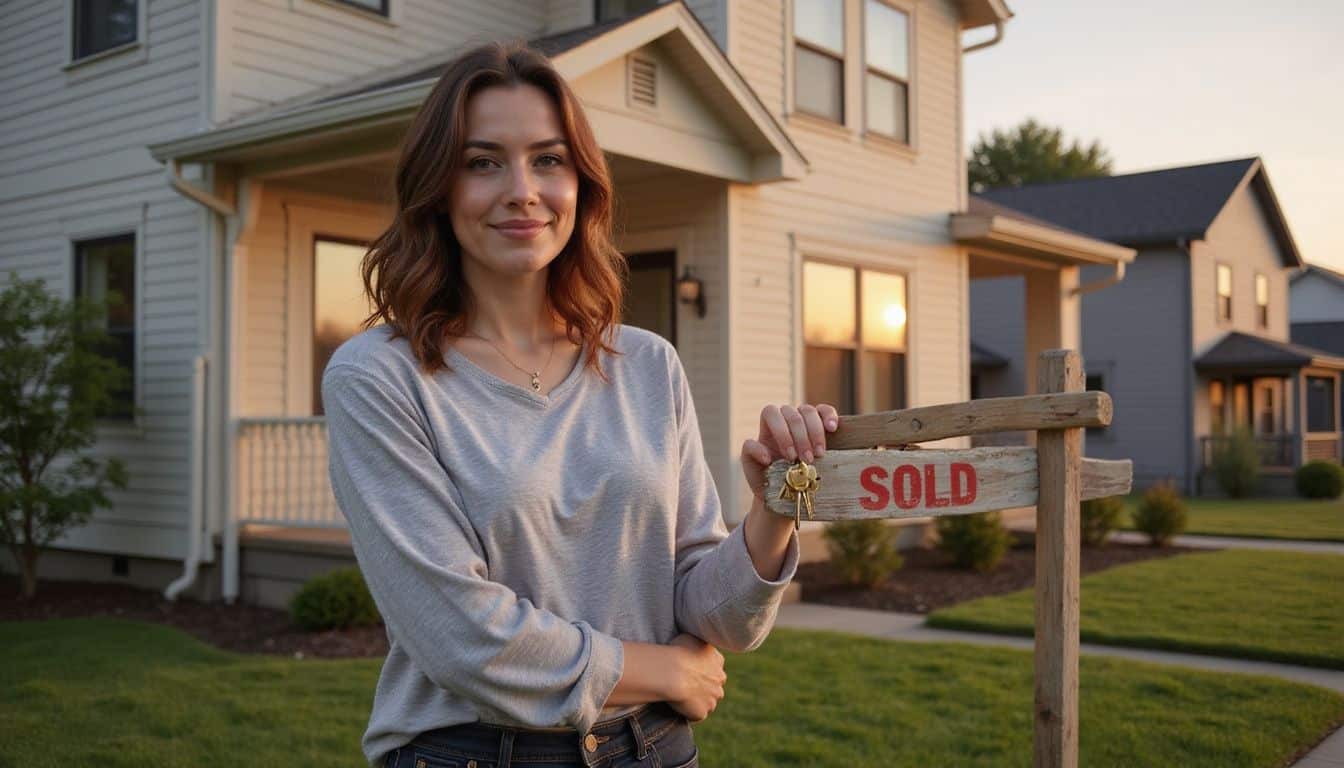 A woman stands proudly in front of her new home, holding keys and smiling softly. A woman stands proudly in front of her new home, holding keys and smiling softly.