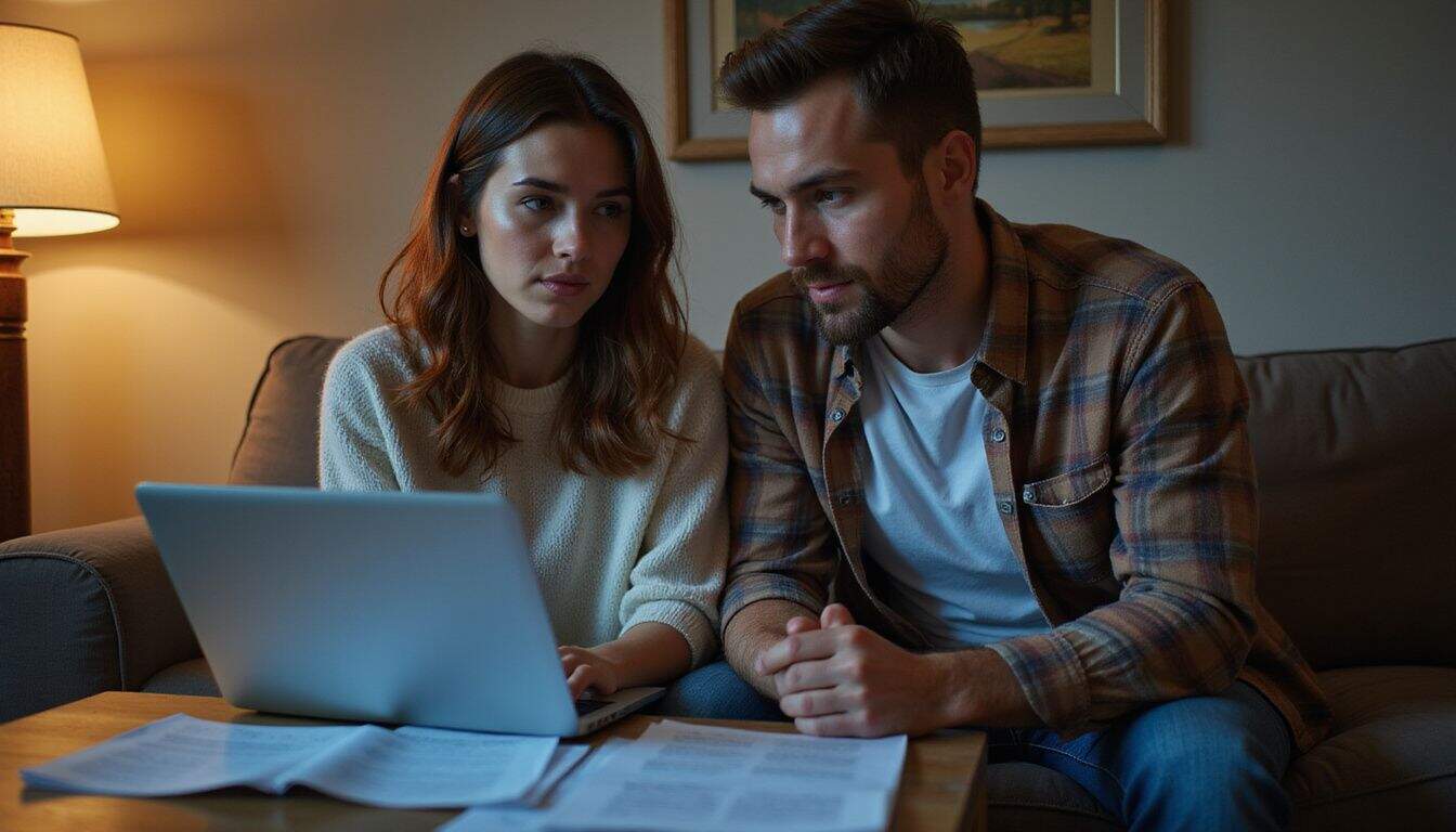 A couple collaborates on mortgage documents while seated closely on a sofa in a cozy living room. A couple collaborates on mortgage documents while seated closely on a sofa in a cozy living room.