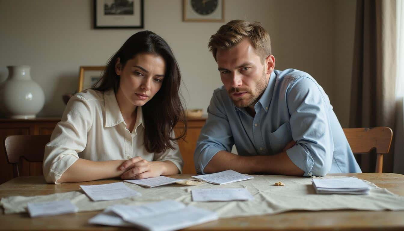 A couple sits anxiously at a dining table cluttered with financial documents, displaying tension and determination. A couple sits anxiously at a dining table cluttered with financial documents, displaying tension and determination.