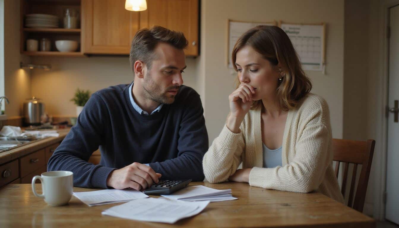 A couple discusses their savings plan at a worn kitchen table, surrounded by domestic details and financial documents. A couple discusses their savings plan at a worn kitchen table, surrounded by domestic details and financial documents.