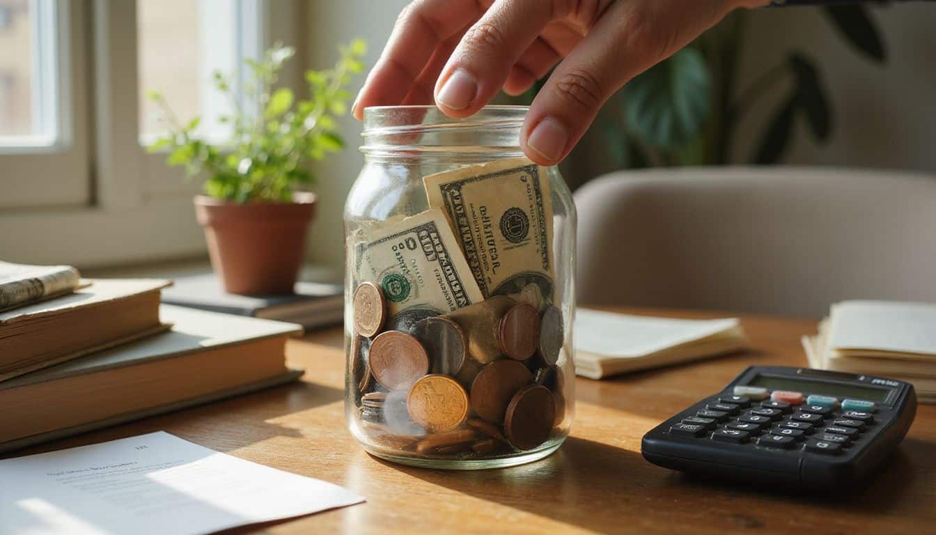 A hand reaches toward a glass jar filled with folded dollar bills and coins on a polished wooden desk. A hand reaches toward a glass jar filled with folded dollar bills and coins on a polished wooden desk.