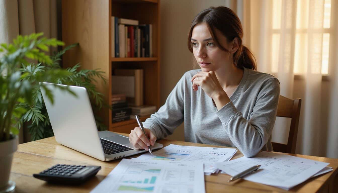 A focused woman analyzes financial documents at her wooden desk, surrounded by a laptop, calculator, and scattered papers. A focused woman analyzes financial documents at her wooden desk, surrounded by a laptop, calculator, and scattered papers.