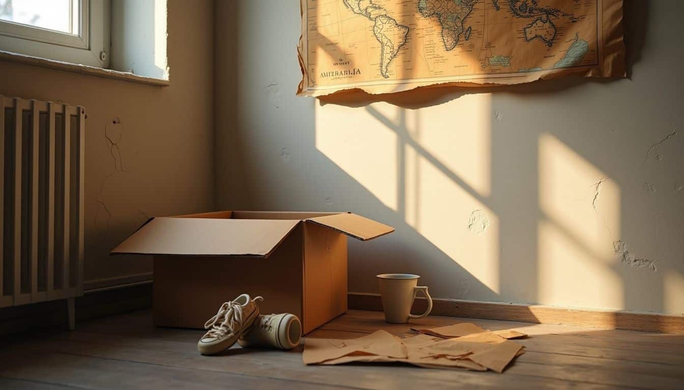 A half-packed moving box sits in a modest room, surrounded by packing materials and a map, evoking transition and uncertainty. A half-packed moving box sits in a modest room, surrounded by packing materials and a map, evoking transition and uncertainty.