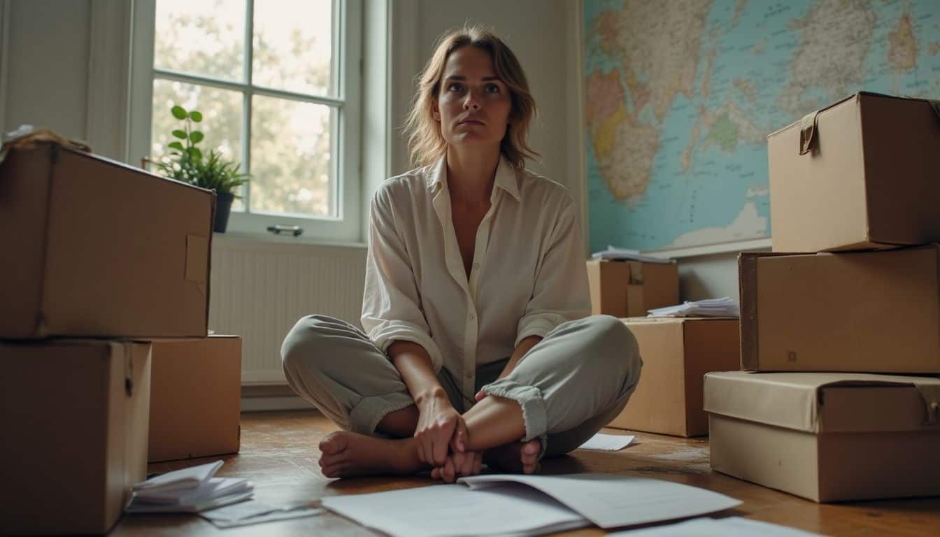 A woman appears overwhelmed, surrounded by clutter and paperwork, reflecting a challenging moment of transition in her life. A woman appears overwhelmed, surrounded by clutter and paperwork, reflecting a challenging moment of transition in her life.