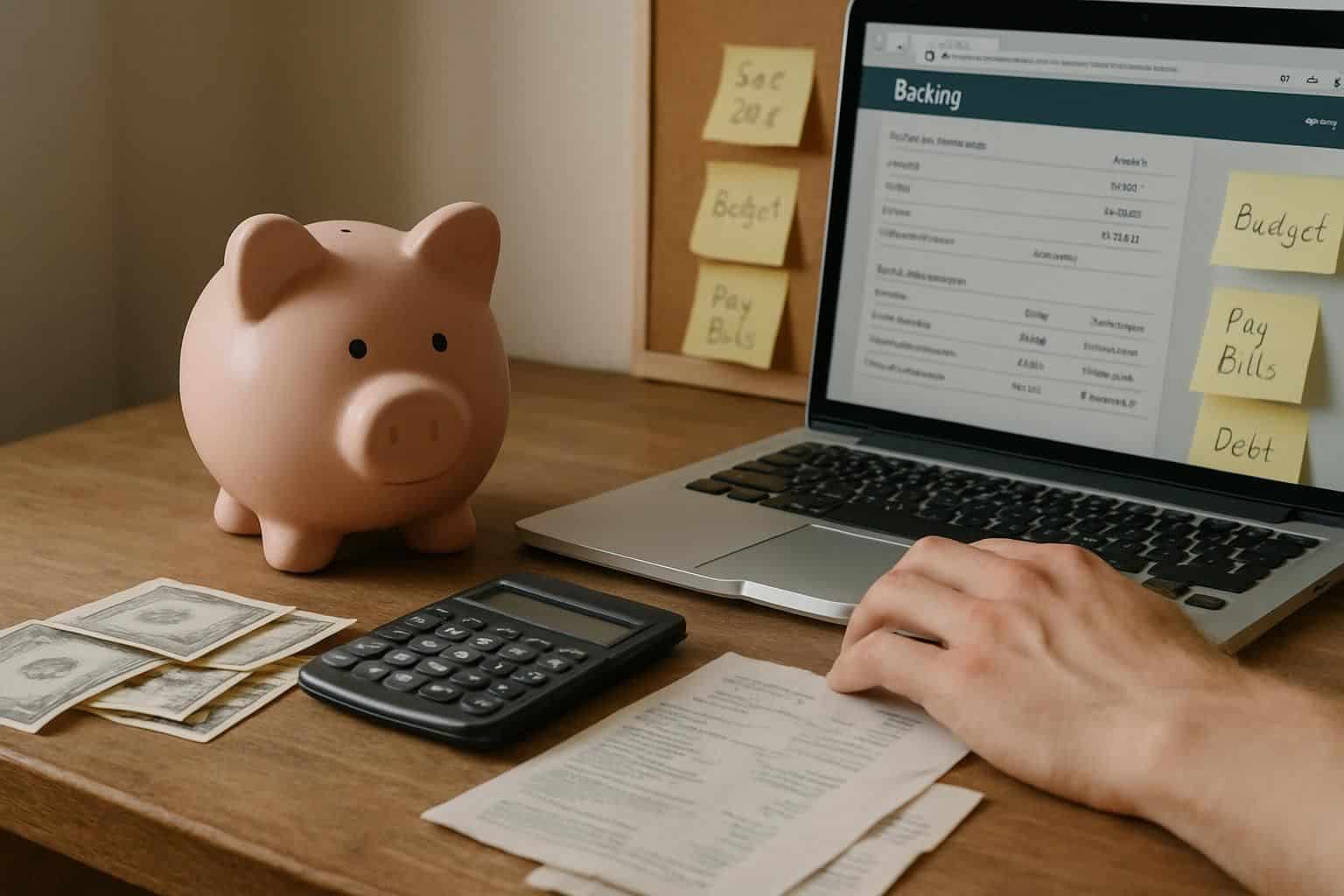 A cluttered wooden desk features a ceramic piggy bank, a calculator, a laptop, and financial notes, conveying focus on budgeting. A cluttered wooden desk features a ceramic piggy bank, a calculator, a laptop, and financial notes, conveying focus on budgeting.