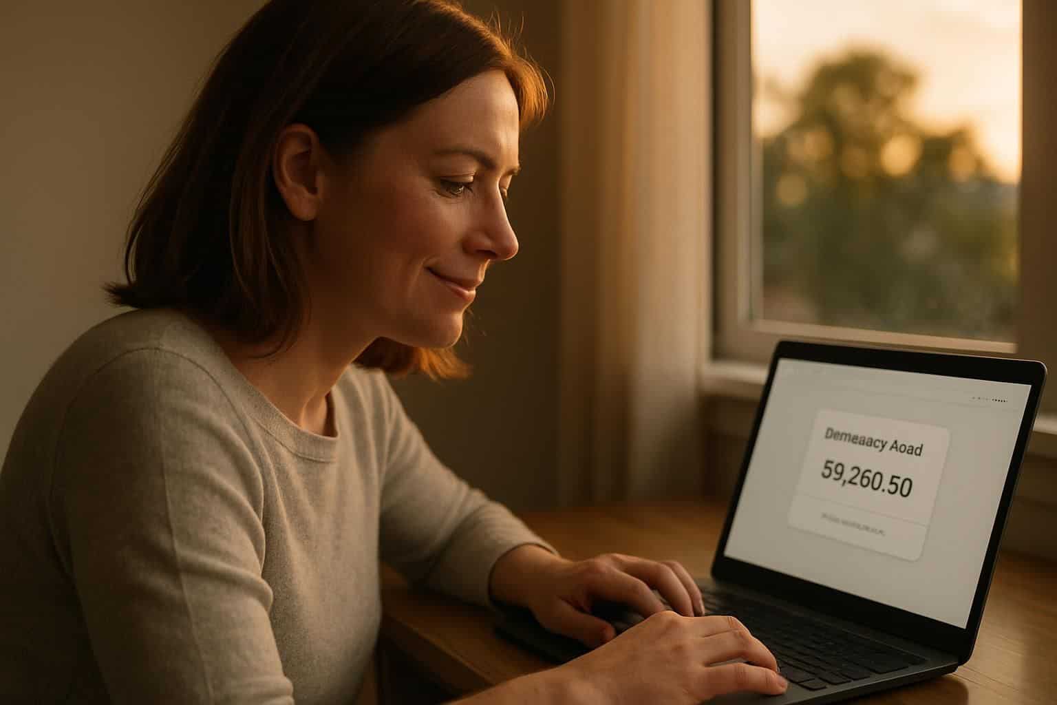A woman in her 30s sits at a wooden desk, focused on her laptop displaying a banking app. A woman in her 30s sits at a wooden desk, focused on her laptop displaying a banking app.