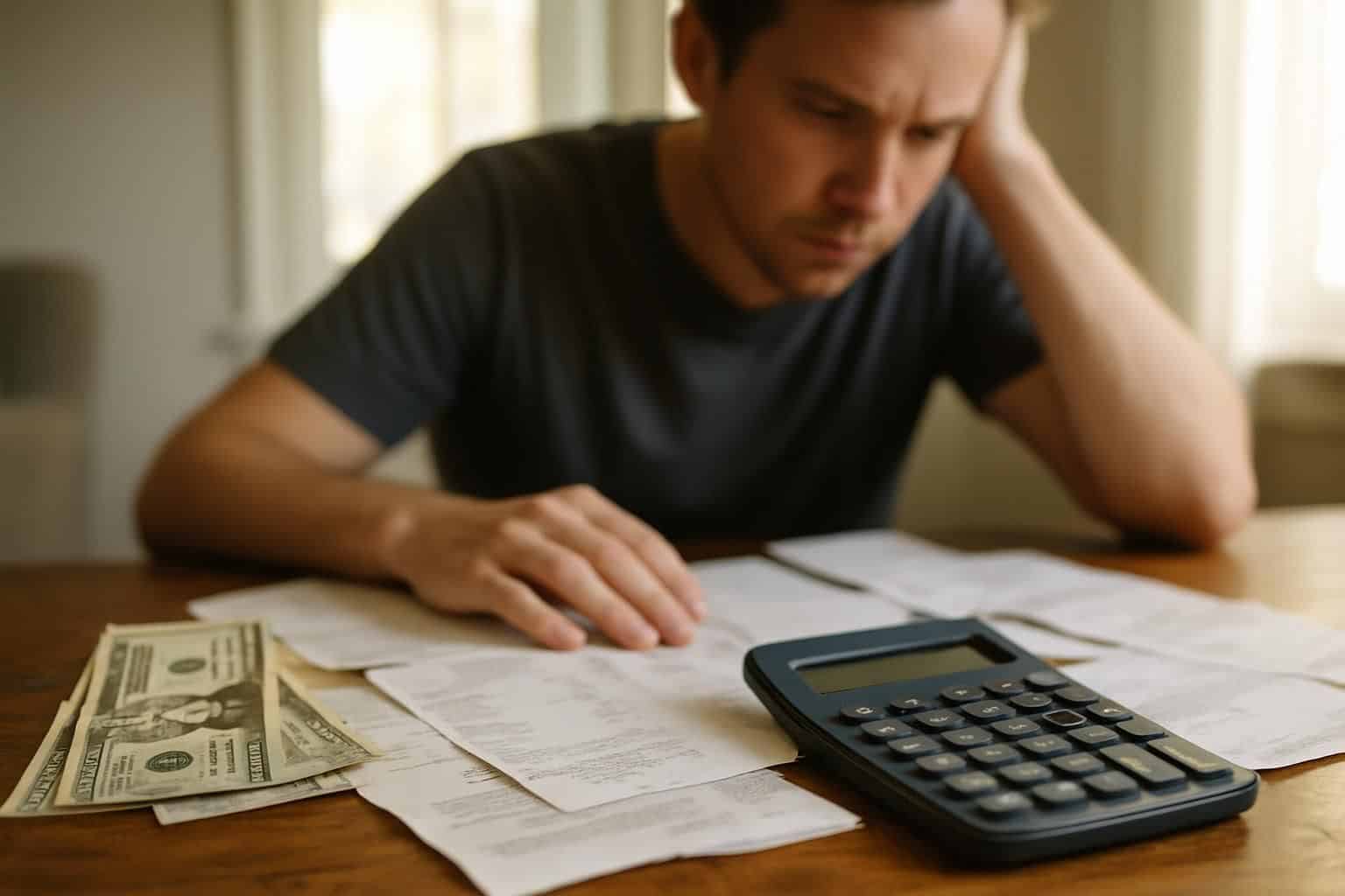 A cluttered wooden desk is scattered with financial documents and a calculator, capturing the seriousness of managing personal finances. A cluttered wooden desk is scattered with financial documents and a calculator, capturing the seriousness of managing personal finances.