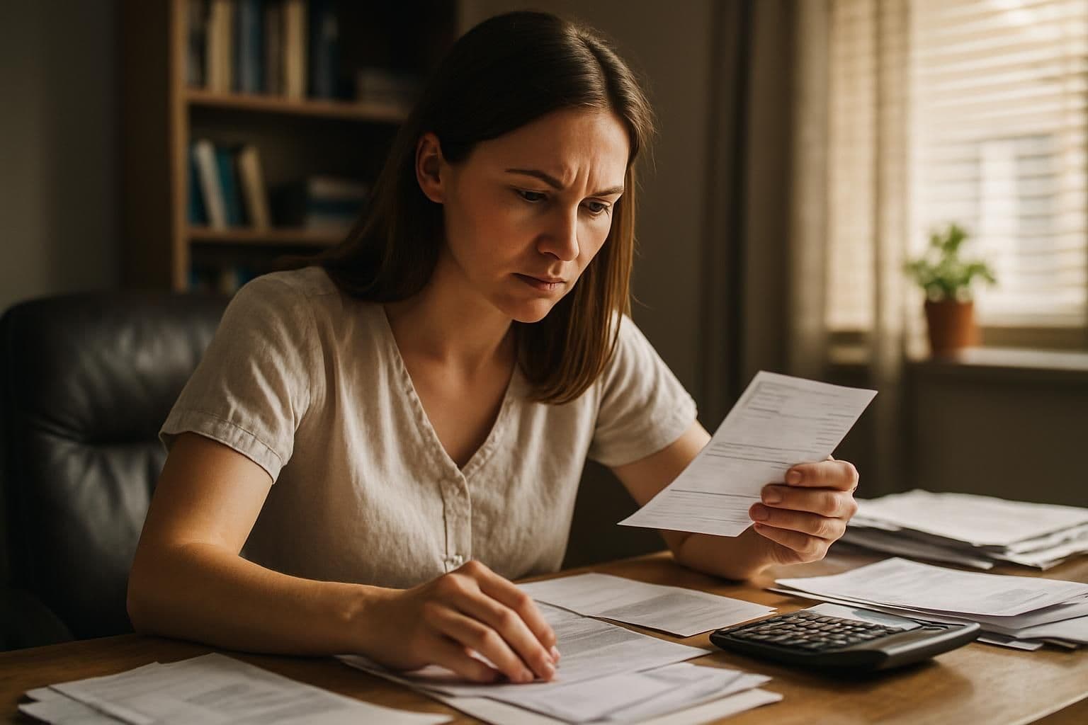 A woman in her early 30s reviews monthly bills at a cluttered wooden desk in her home office. A woman in her early 30s reviews monthly bills at a cluttered wooden desk in her home office.
