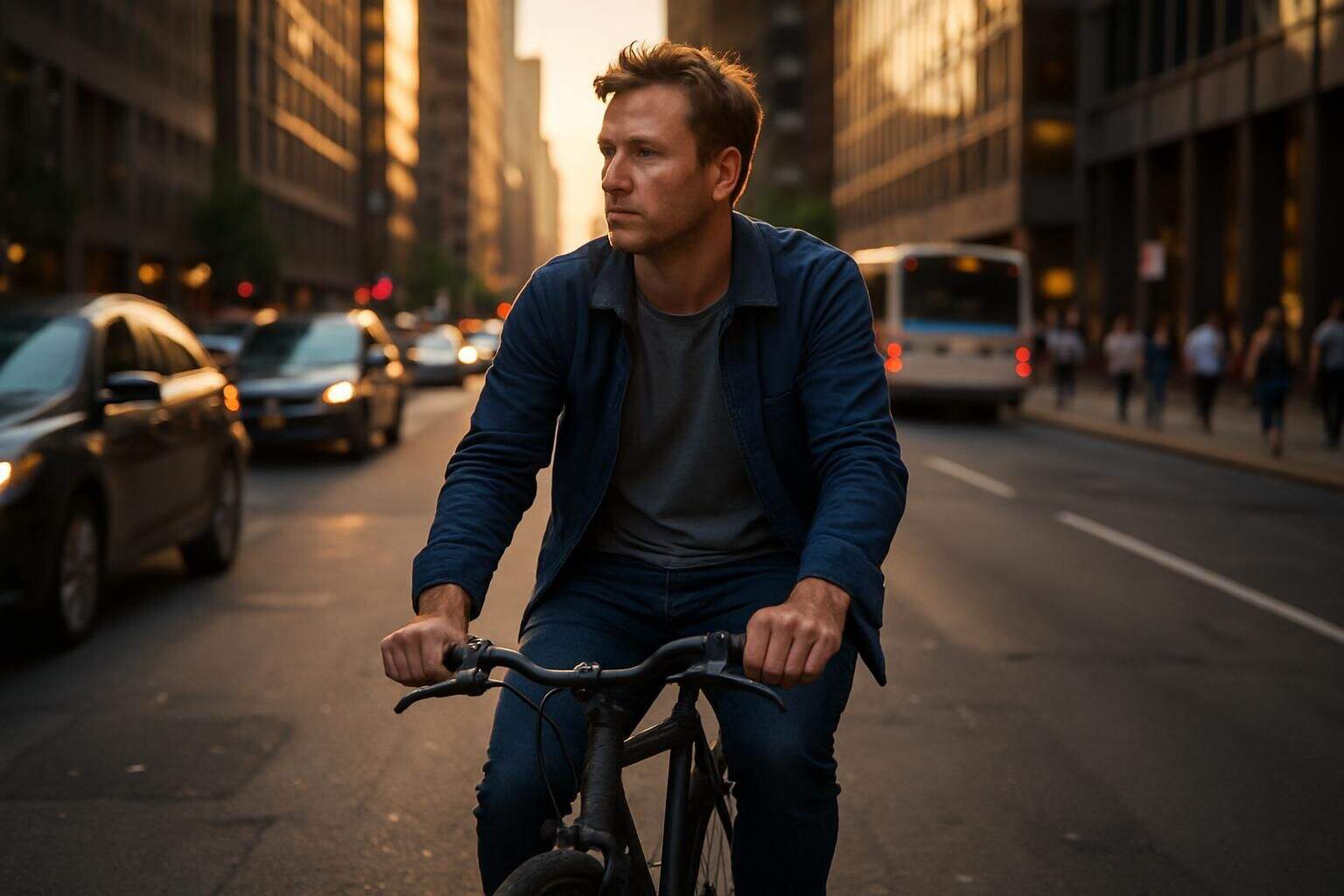 A focused man rides a well-worn bicycle through a bustling city street during golden hour, embodying urban resilience. A focused man rides a well-worn bicycle through a bustling city street during golden hour, embodying urban resilience.