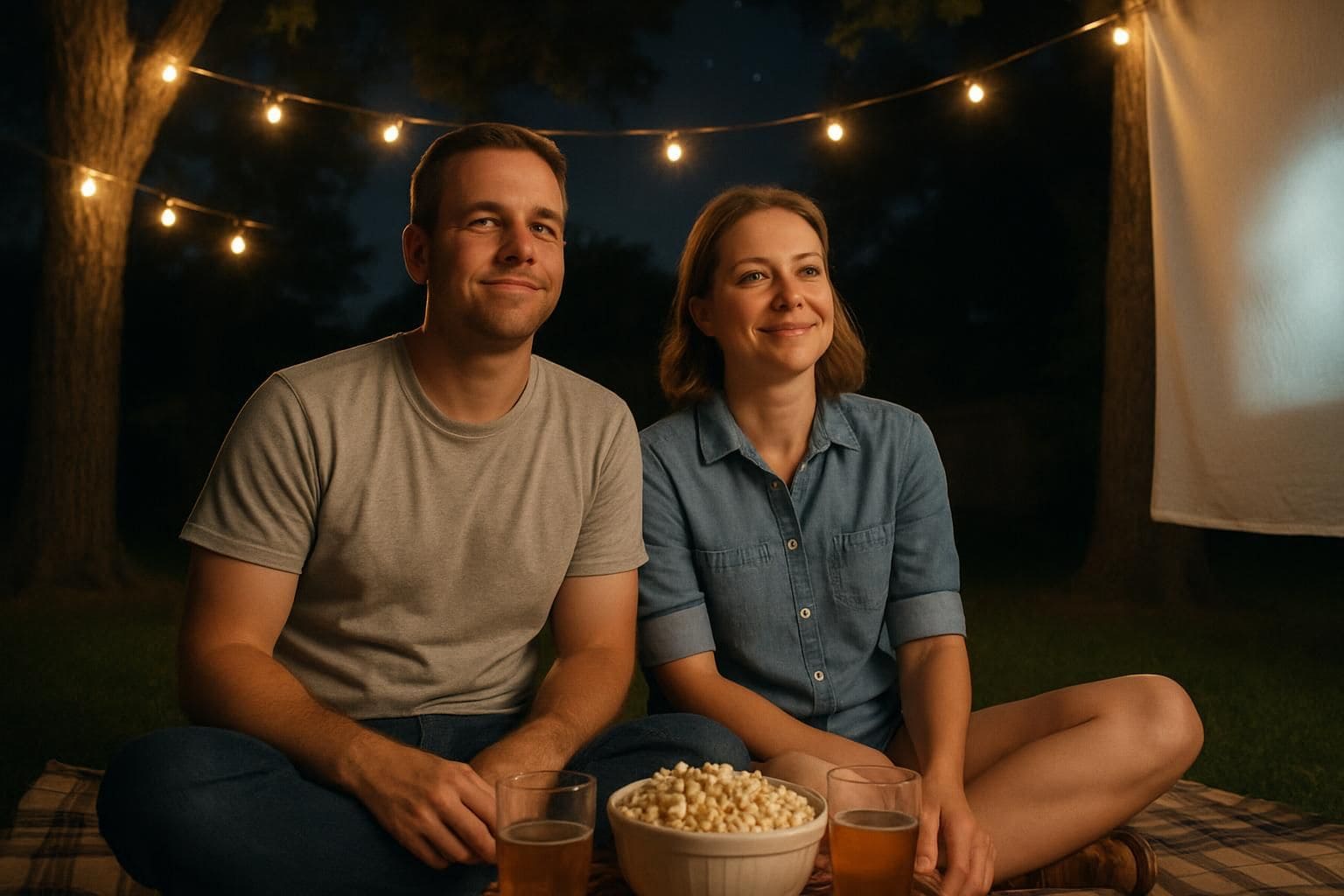 A couple enjoys a cozy outdoor movie night on a picnic blanket with popcorn and cider. A couple enjoys a cozy outdoor movie night on a picnic blanket with popcorn and cider.
