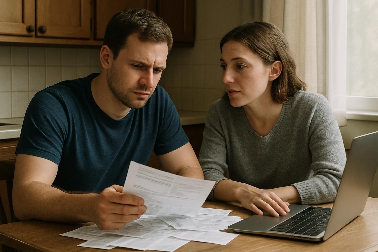 A couple discusses managing credit card debt and refinancing loans at a small kitchen table. A couple discusses managing credit card debt and refinancing loans at a small kitchen table.