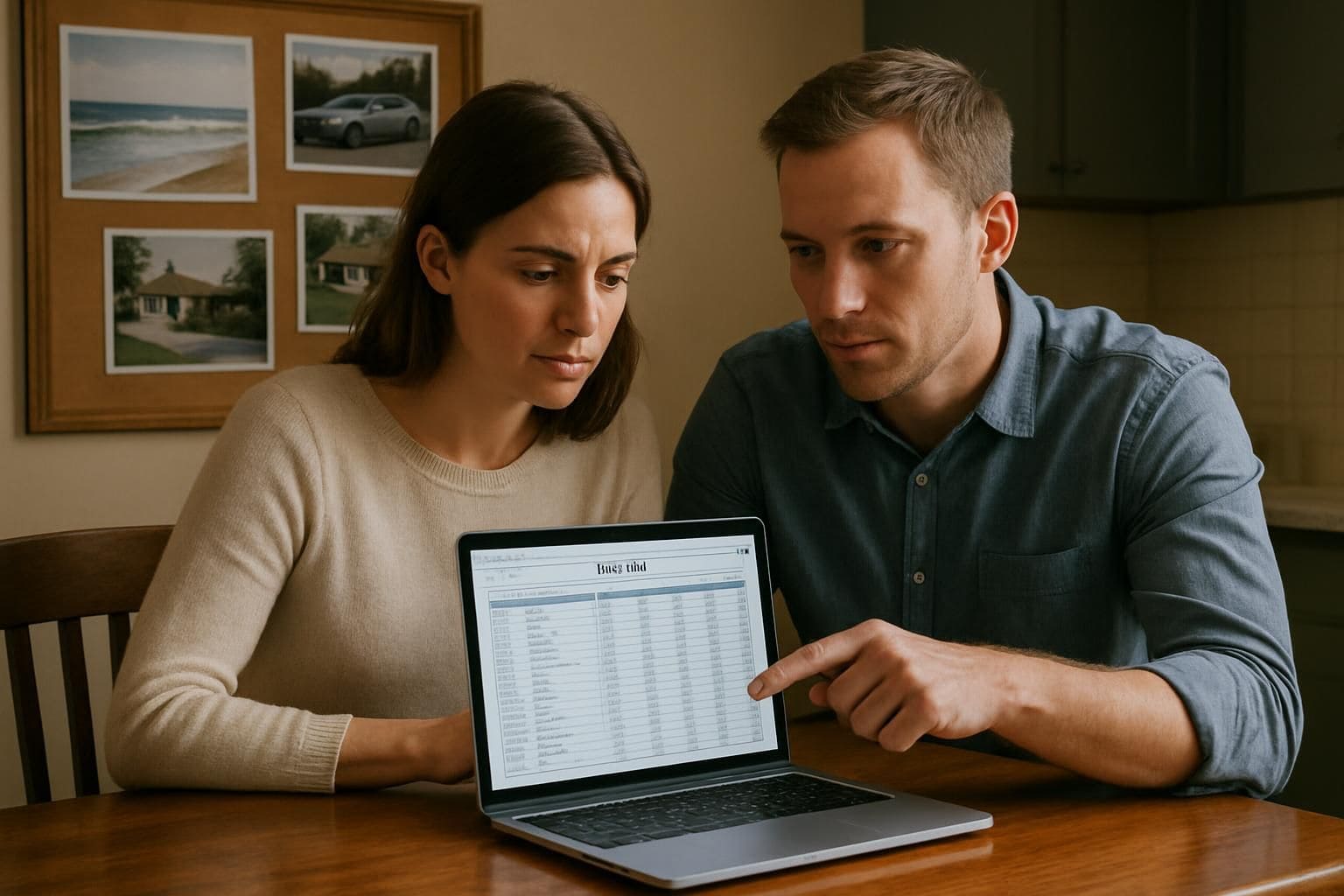 A man and woman collaborate on budgeting at a kitchen table, focusing on financial planning for their future. A man and woman collaborate on budgeting at a kitchen table, focusing on financial planning for their future.
