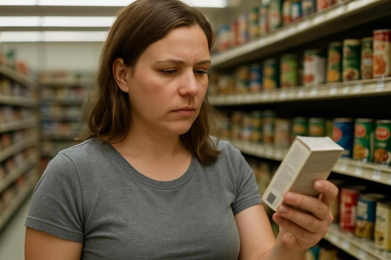 A woman in a grocery store intently examines a product label while holding a small box. A woman in a grocery store intently examines a product label while holding a small box.
