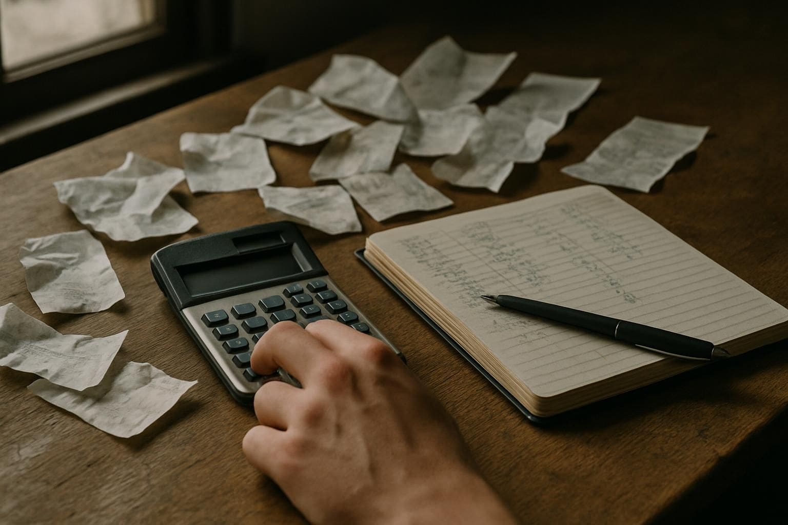 A cluttered wooden desk displays receipts, a calculator, and a notebook, depicting a moment of financial management. A cluttered wooden desk displays receipts, a calculator, and a notebook, depicting a moment of financial management.