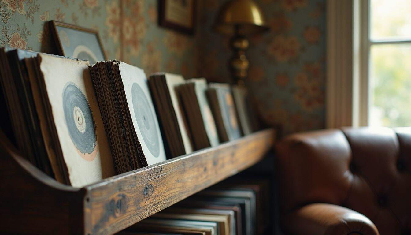 A weathered wooden shelf displays an eclectic collection of vinyl records in a vintage decor setting. A weathered wooden shelf displays an eclectic collection of vinyl records in a vintage decor setting.