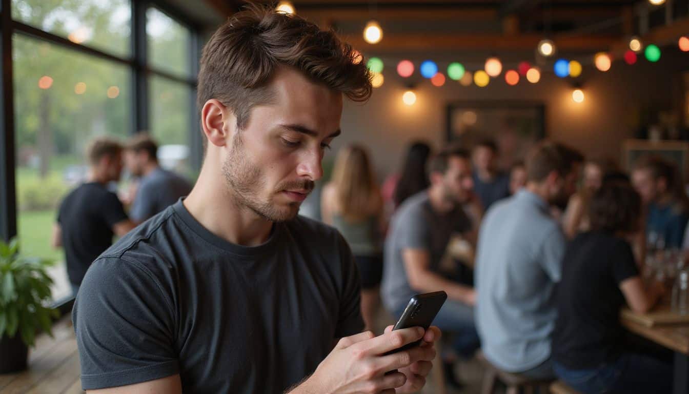 A young man in a fitted t-shirt focuses on adjusting the Spotify app on his smartphone amidst a lively party. A young man in a fitted t-shirt focuses on adjusting the Spotify app on his smartphone amidst a lively party.