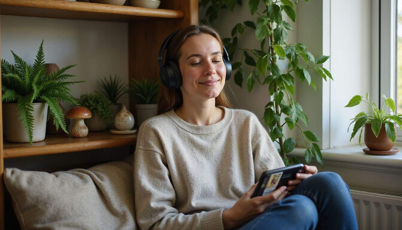 A woman in a cozy reading nook enjoys music through headphones, surrounded by plants and decorative figurines. A woman in a cozy reading nook enjoys music through headphones, surrounded by plants and decorative figurines.