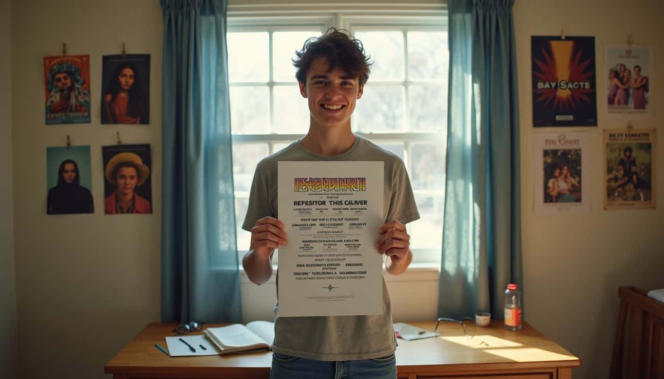 A young adult stands in a cozy bedroom, holding a colorful festival lineup poster and smiling with excitement. A young adult stands in a cozy bedroom, holding a colorful festival lineup poster and smiling with excitement.