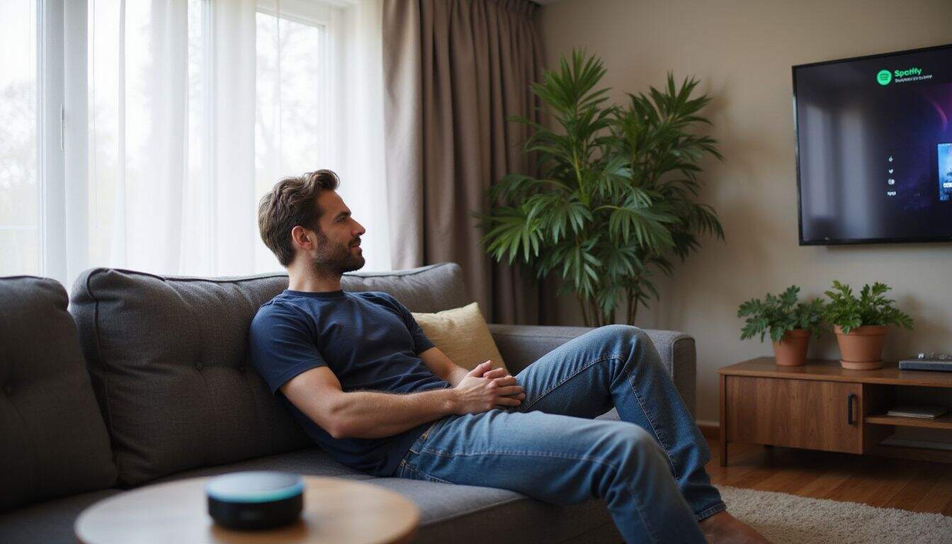 A casually dressed man enjoys a moment of interaction with an Amazon Echo Dot in his contemporary living room. A casually dressed man enjoys a moment of interaction with an Amazon Echo Dot in his contemporary living room.