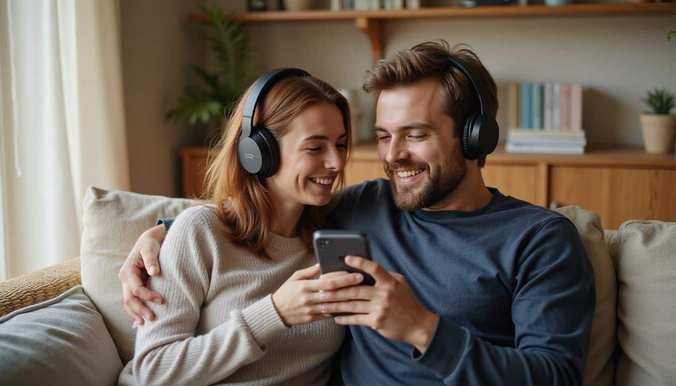 A couple enjoys a moment of laughter together on a couch, wearing headphones and sharing music on a smartphone. A couple enjoys a moment of laughter together on a couch, wearing headphones and sharing music on a smartphone.