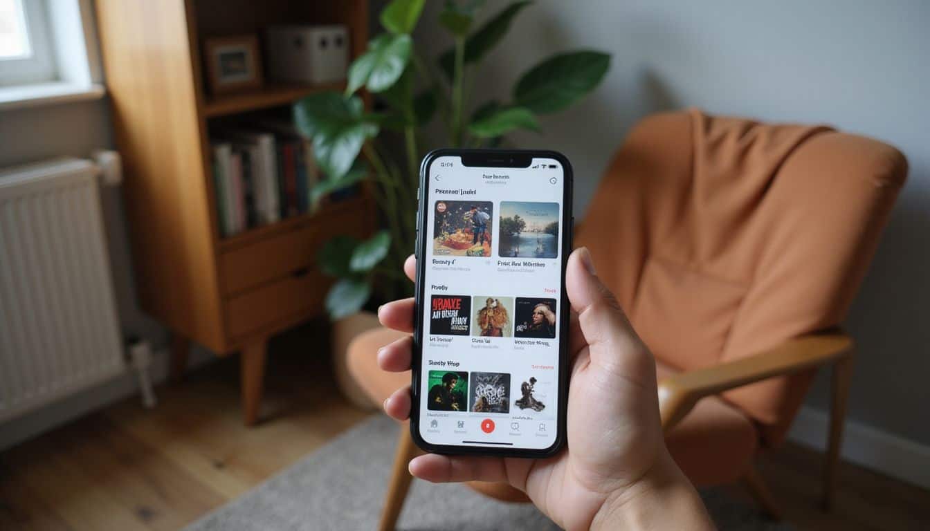 A person holds a smartphone displaying a curated Spotify playlist in a cozy, modern room filled with warm decor. A person holds a smartphone displaying a curated Spotify playlist in a cozy, modern room filled with warm decor.