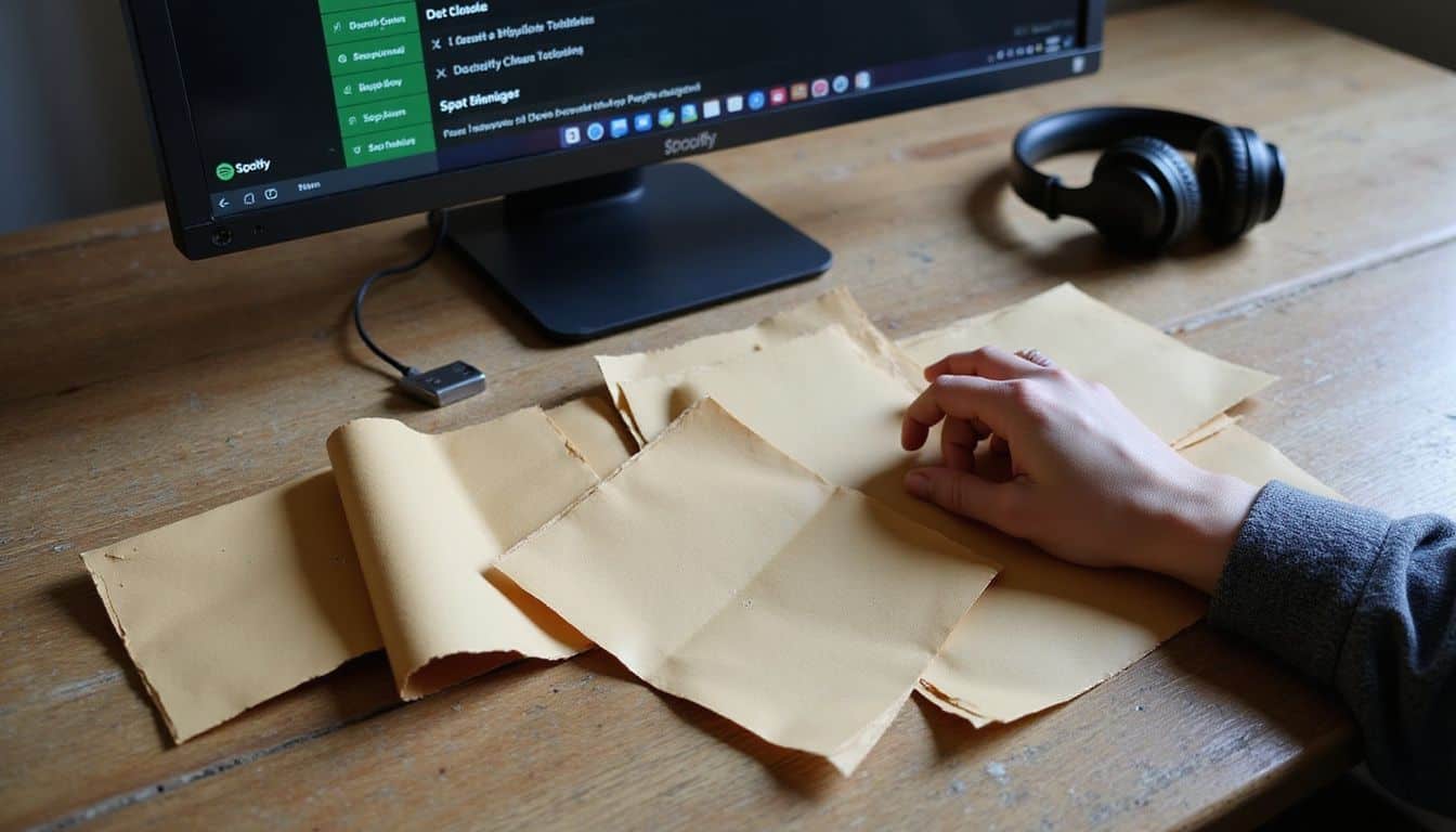 A cluttered wooden desk features a computer monitor displaying Spotify, paper playlists, and headphones, reflecting a creative workspace.