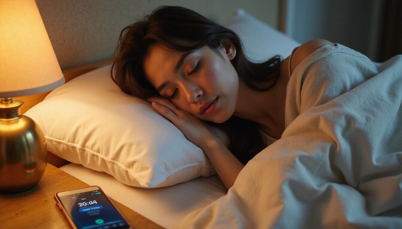 A woman peacefully sleeps on a bed, surrounded by a serene atmosphere and a smartphone displaying a sleep timer. A woman peacefully sleeps on a bed, surrounded by a serene atmosphere and a smartphone displaying a sleep timer.
