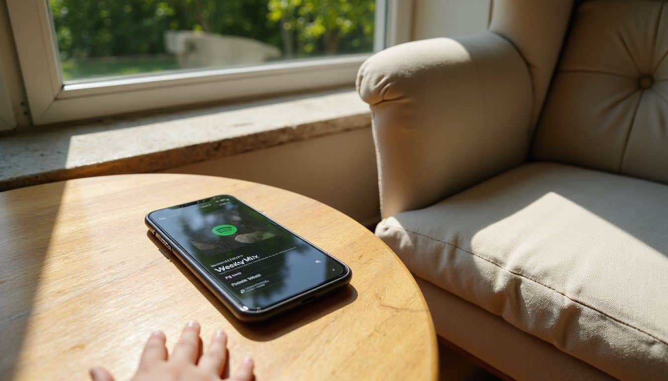 A smartphone displaying a Spotify playlist rests on a polished oak desk beside a cozy armchair in a serene room. A smartphone displaying a Spotify playlist rests on a polished oak desk beside a cozy armchair in a serene room.