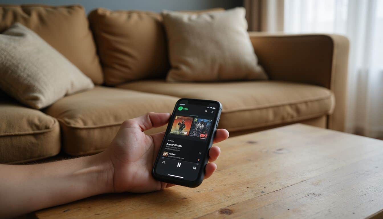 A modern smartphone displays the Spotify Smart Shuffle feature on a wooden coffee table in a cozy living room.